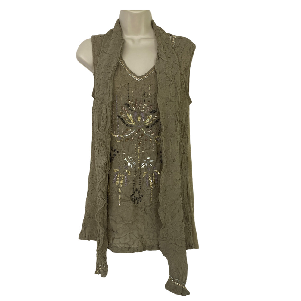 Fei Anthropologie Top Medium Womens Sequin Boho Crinkle Tie Neck Olive Green
